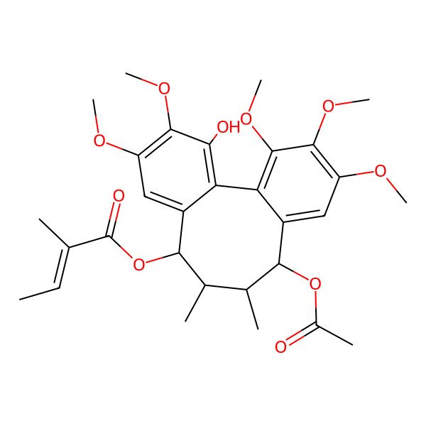 2D Structure of [(8R,9R,10R,11S)-11-acetyloxy-3-hydroxy-4,5,14,15,16-pentamethoxy-9,10-dimethyl-8-tricyclo[10.4.0.02,7]hexadeca-1(16),2,4,6,12,14-hexaenyl] (E)-2-methylbut-2-enoate