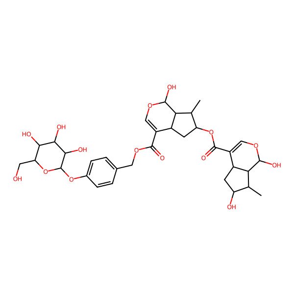 2D Structure of [1-Hydroxy-7-methyl-4-[[4-[3,4,5-trihydroxy-6-(hydroxymethyl)oxan-2-yl]oxyphenyl]methoxycarbonyl]-1,4a,5,6,7,7a-hexahydrocyclopenta[c]pyran-6-yl] 1,6-dihydroxy-7-methyl-1,4a,5,6,7,7a-hexahydrocyclopenta[c]pyran-4-carboxylate