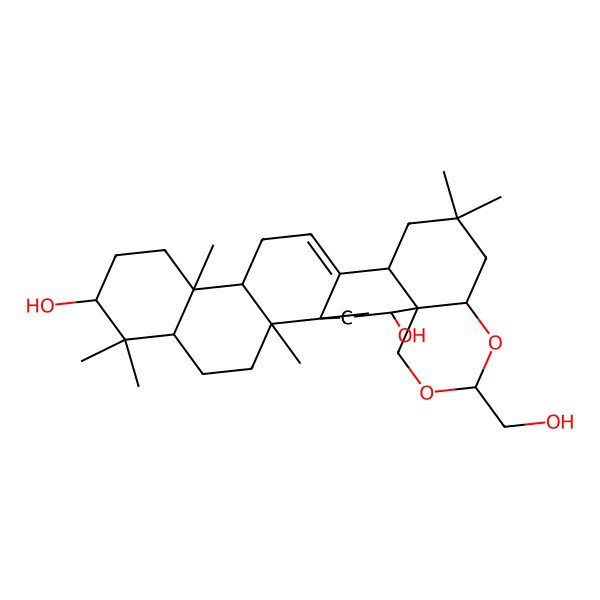 2D Structure of 21-(Hydroxymethyl)-1,2,6,6,10,17,17-heptamethyl-20,22-dioxahexacyclo[12.12.0.02,11.05,10.015,24.019,24]hexacos-13-ene-7,25-diol