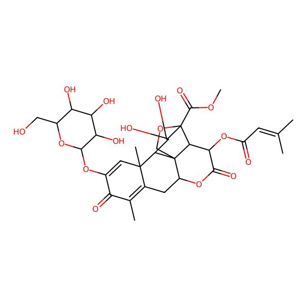 2D Structure of Methyl 15,16-dihydroxy-9,13-dimethyl-3-(3-methylbut-2-enoyloxy)-4,10-dioxo-11-[3,4,5-trihydroxy-6-(hydroxymethyl)oxan-2-yl]oxy-5,18-dioxapentacyclo[12.5.0.01,6.02,17.08,13]nonadeca-8,11-diene-17-carboxylate