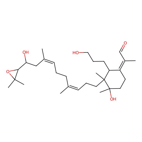 2D Structure of 2-[3-[10-(3,3-Dimethyloxiran-2-yl)-10-hydroxy-4,8-dimethyldeca-3,7-dienyl]-4-hydroxy-2-(3-hydroxypropyl)-3,4-dimethylcyclohexylidene]propanal