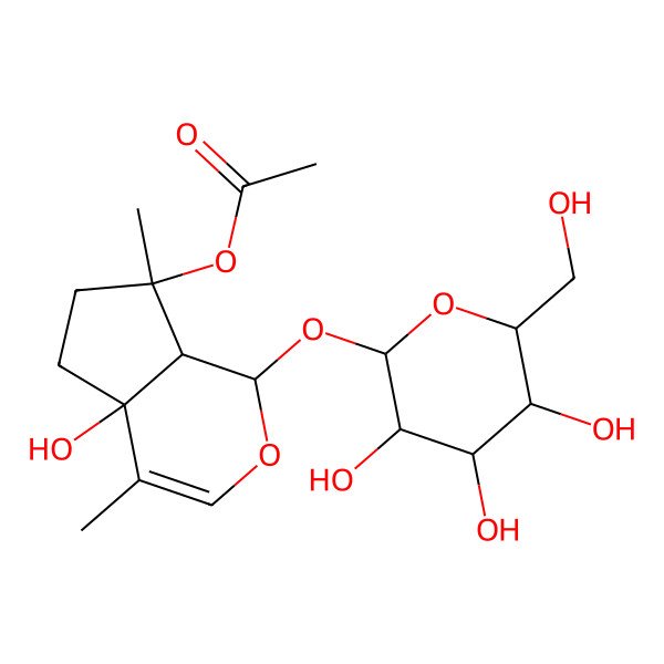2D Structure of beta-D-Glucopyranoside, 7-(acetyloxy)-1,4a,5,6,7,7a-hexahydro-4a-hydroxy-4,7-dimethylcyclopenta(c)pyran-1-yl, (1S-(1alpha,4aalpha,7alpha,7aalpha))-