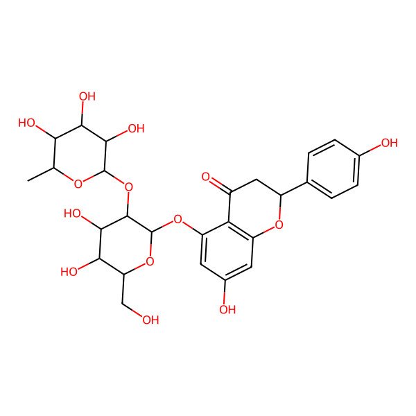 2D Structure of (2S)-5-[(2S,3R,4S,5S,6R)-4,5-dihydroxy-6-(hydroxymethyl)-3-[(2S,3R,4R,5R,6S)-3,4,5-trihydroxy-6-methyloxan-2-yl]oxyoxan-2-yl]oxy-7-hydroxy-2-(4-hydroxyphenyl)-2,3-dihydrochromen-4-one