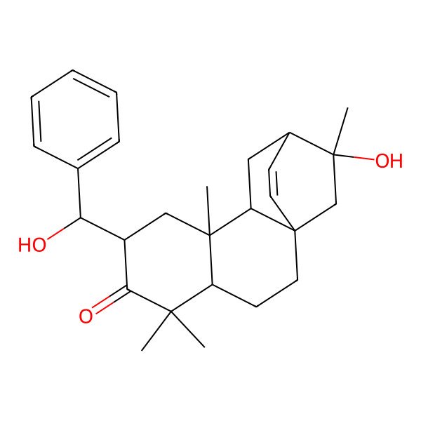 2D Structure of (1R,4S,7R,9S,10S,12R,16S)-16-hydroxy-7-[(S)-hydroxy(phenyl)methyl]-5,5,9,16-tetramethyltetracyclo[10.2.2.01,10.04,9]hexadec-13-en-6-one