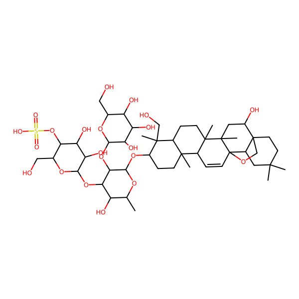 2D Structure of [(2R,3R,4R,5R,6S)-4,5-dihydroxy-6-[(2R,3R,4S,5S,6R)-5-hydroxy-2-[[(1S,2S,4S,5R,8R,9R,10S,13S,14R,18R)-2-hydroxy-9-(hydroxymethyl)-4,5,9,13,20,20-hexamethyl-24-oxahexacyclo[15.5.2.01,18.04,17.05,14.08,13]tetracos-15-en-10-yl]oxy]-6-methyl-3-[(2S,3R,4S,5R,6R)-3,4,5-trihydroxy-6-(hydroxymethyl)oxan-2-yl]oxyoxan-4-yl]oxy-2-(hydroxymethyl)oxan-3-yl] hydrogen sulfate