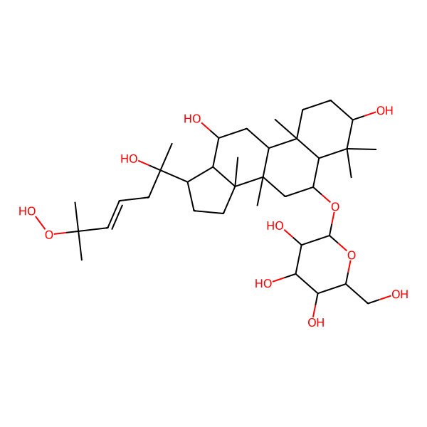 2D Structure of (2R,3R,4S,5S,6R)-2-[[(3S,5R,6S,8R,9R,10R,12R,13R,14R,17S)-17-[(E,2R)-6-hydroperoxy-2-hydroxy-6-methylhept-4-en-2-yl]-3,12-dihydroxy-4,4,8,10,14-pentamethyl-2,3,5,6,7,9,11,12,13,15,16,17-dodecahydro-1H-cyclopenta[a]phenanthren-6-yl]oxy]-6-(hydroxymethyl)oxane-3,4,5-triol