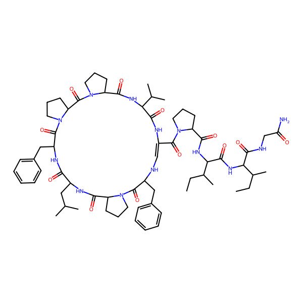 2D Structure of (2S)-N-[(2S,3S)-1-[[(2S,3S)-1-[(2-amino-2-oxoethyl)amino]-3-methyl-1-oxopentan-2-yl]amino]-3-methyl-1-oxopentan-2-yl]-1-[(3S,9S,12S,15S,21S,23Z,27S,30S)-9,21-dibenzyl-12-(2-methylpropyl)-2,8,11,14,20,26,29-heptaoxo-27-propan-2-yl-1,7,10,13,19,22,25,28-octazatetracyclo[28.3.0.03,7.015,19]tritriacont-23-ene-24-carbonyl]pyrrolidine-2-carboxamide