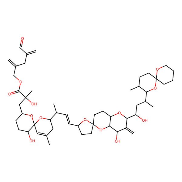 2D Structure of (4-formyl-2-methylidenepent-4-enyl) (2R)-3-[(2S,6R,8S,11R)-2-[(E,2R)-4-[(2S,2'R,4R,4aR,6R,8aR)-4-hydroxy-2-[(1S,3S)-1-hydroxy-3-[(2S,3R,6S)-3-methyl-1,7-dioxaspiro[5.5]undecan-2-yl]butyl]-3-methylidenespiro[4a,7,8,8a-tetrahydro-4H-pyrano[3,2-b]pyran-6,5'-oxolane]-2'-yl]but-3-en-2-yl]-11-hydroxy-4-methyl-1,7-dioxaspiro[5.5]undec-4-en-8-yl]-2-hydroxy-2-methylpropanoate
