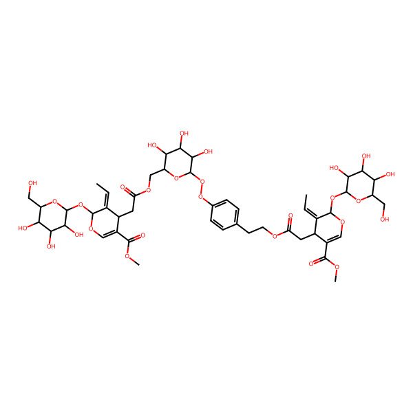 2D Structure of methyl (4S,5Z,6S)-5-ethylidene-4-[2-[2-[4-[(2S,3R,4S,5S,6R)-6-[[2-[(2S,3E,4S)-3-ethylidene-5-methoxycarbonyl-2-[(2S,3R,4S,5S,6R)-3,4,5-trihydroxy-6-(hydroxymethyl)oxan-2-yl]oxy-4H-pyran-4-yl]acetyl]oxymethyl]-3,4,5-trihydroxyoxan-2-yl]peroxyphenyl]ethoxy]-2-oxoethyl]-6-[(2S,3R,4S,5S,6R)-3,4,5-trihydroxy-6-(hydroxymethyl)oxan-2-yl]oxy-4H-pyran-3-carboxylate