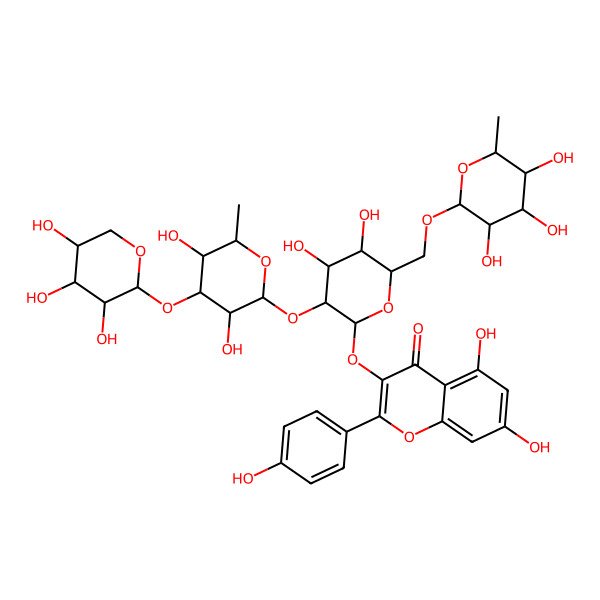 2D Structure of 3-[(2R,3S,4R,5S,6S)-3-[(2S,3R,4R,5S,6S)-3,5-dihydroxy-6-methyl-4-[(2S,3R,4S,5S)-3,4,5-trihydroxyoxan-2-yl]oxyoxan-2-yl]oxy-4,5-dihydroxy-6-[[(2R,3R,4R,5R,6S)-3,4,5-trihydroxy-6-methyloxan-2-yl]oxymethyl]oxan-2-yl]oxy-5,7-dihydroxy-2-(4-hydroxyphenyl)chromen-4-one