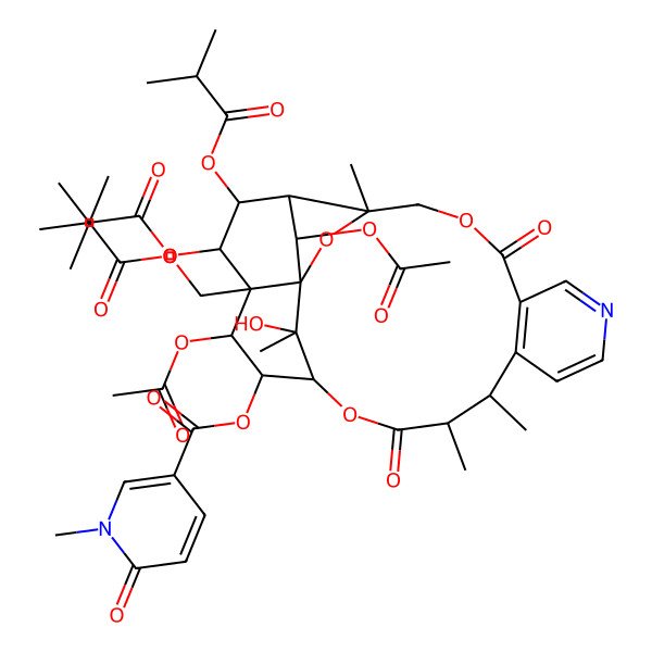 2D Structure of [19,24-Diacetyloxy-25-hydroxy-3,13,14,25-tetramethyl-21,22-bis(2-methylpropanoyloxy)-20-(2-methylpropanoyloxymethyl)-6,15-dioxo-2,5,16-trioxa-9-azapentacyclo[15.7.1.01,20.03,23.07,12]pentacosa-7(12),8,10-trien-18-yl] 1-methyl-6-oxopyridine-3-carboxylate