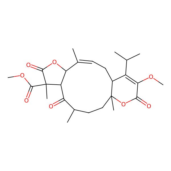 2D Structure of Methyl 17-methoxy-4,8,11,14-tetramethyl-7,10,16-trioxo-18-propan-2-yl-6,15-dioxatricyclo[12.4.0.05,9]octadeca-3,17-diene-8-carboxylate