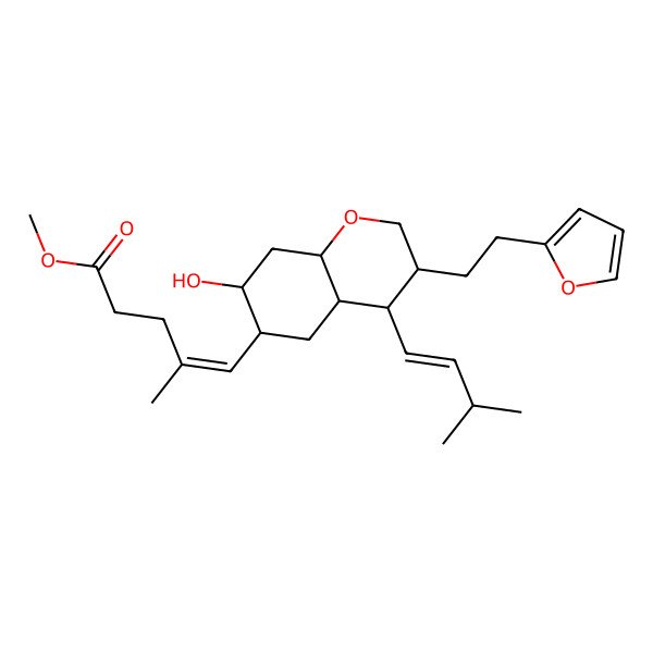 2D Structure of methyl 5-[3-[2-(furan-2-yl)ethyl]-7-hydroxy-4-(3-methylbut-1-enyl)-3,4,4a,5,6,7,8,8a-octahydro-2H-chromen-6-yl]-4-methylpent-4-enoate
