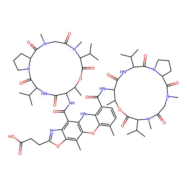 2D Structure of 3-[9,11-dimethyl-6-[[(3R,6S,7R,10S,16R)-7,11,14-trimethyl-2,5,9,12,15-pentaoxo-3,10-di(propan-2-yl)-8-oxa-1,4,11,14-tetrazabicyclo[14.3.0]nonadecan-6-yl]carbamoyl]-4-[[(3R,6R,7R,10S,16S)-7,11,14-trimethyl-2,5,9,12,15-pentaoxo-3,10-di(propan-2-yl)-8-oxa-1,4,11,14-tetrazabicyclo[14.3.0]nonadecan-6-yl]carbamoyl]-5H-[1,3]oxazolo[4,5-b]phenoxazin-2-yl]propanoic acid