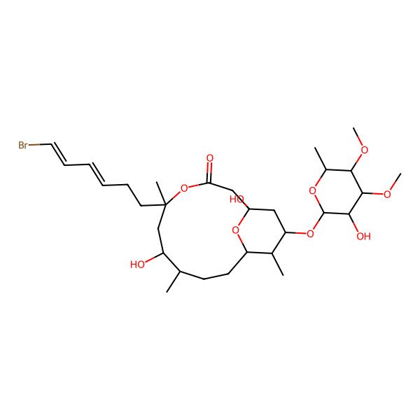 2D Structure of 5-(6-Bromohexa-3,5-dienyl)-1,7-dihydroxy-13-(3-hydroxy-4,5-dimethoxy-6-methyloxan-2-yl)oxy-5,8,12-trimethyl-4,15-dioxabicyclo[9.3.1]pentadecan-3-one