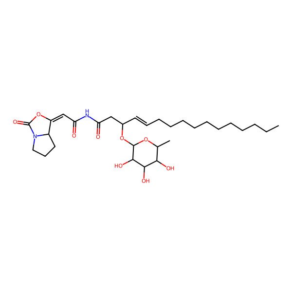 2D Structure of N-[2-(3-oxo-5,6,7,7a-tetrahydropyrrolo[1,2-c][1,3]oxazol-1-ylidene)acetyl]-3-(3,4,5-trihydroxy-6-methyloxan-2-yl)oxyhexadec-4-enamide