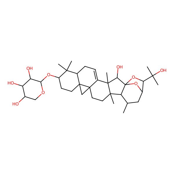 2D Structure of 2-[[2-Hydroxy-22-(2-hydroxypropan-2-yl)-3,8,8,17,19-pentamethyl-23,24-dioxaheptacyclo[19.2.1.01,18.03,17.04,14.07,12.012,14]tetracos-4-en-9-yl]oxy]oxane-3,4,5-triol