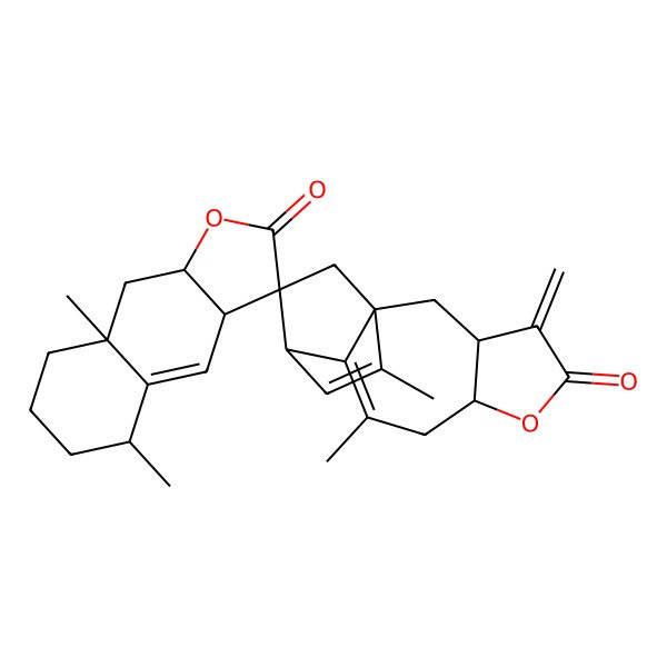 2D Structure of 5,8a,9',13'-tetramethyl-4'-methylidenespiro[5,6,7,8,9,9a-hexahydro-3aH-benzo[f][1]benzofuran-3,15'-6-oxatetracyclo[9.2.2.01,10.03,7]pentadeca-9,12-diene]-2,5'-dione