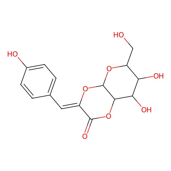 2D Structure of 7,8-dihydroxy-6-(hydroxymethyl)-3-[(4-hydroxyphenyl)methylidene]-6,7,8,8a-tetrahydro-4aH-pyrano[2,3-b][1,4]dioxin-2-one