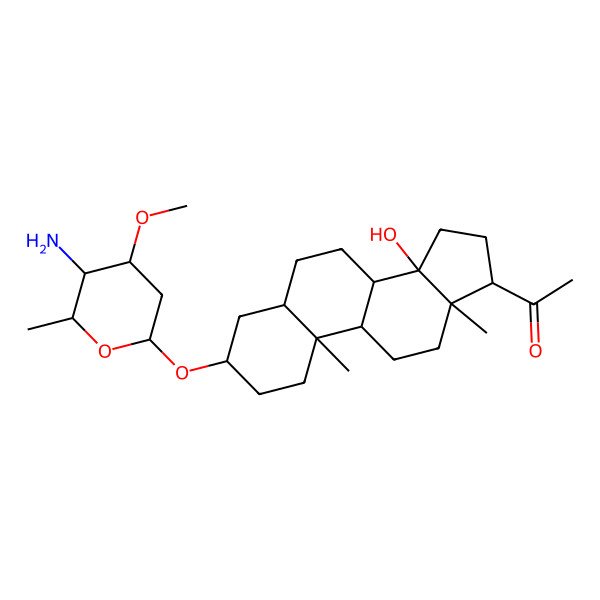 2D Structure of 1-[3-(5-Amino-4-methoxy-6-methyloxan-2-yl)oxy-14-hydroxy-10,13-dimethyl-1,2,3,4,5,6,7,8,9,11,12,15,16,17-tetradecahydrocyclopenta[a]phenanthren-17-yl]ethanone