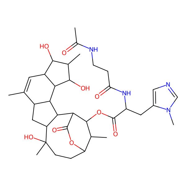 2D Structure of [(1R,2S,3S,4R,5S,6R,7R,8R,11R,13R,14S,17S,20S,21R)-5,7,14-trihydroxy-6,10,14,21-tetramethyl-19-oxo-18-oxapentacyclo[15.2.2.02,13.03,11.04,8]henicos-9-en-20-yl] (2S)-2-(3-acetamidopropanoylamino)-3-(3-methylimidazol-4-yl)propanoate