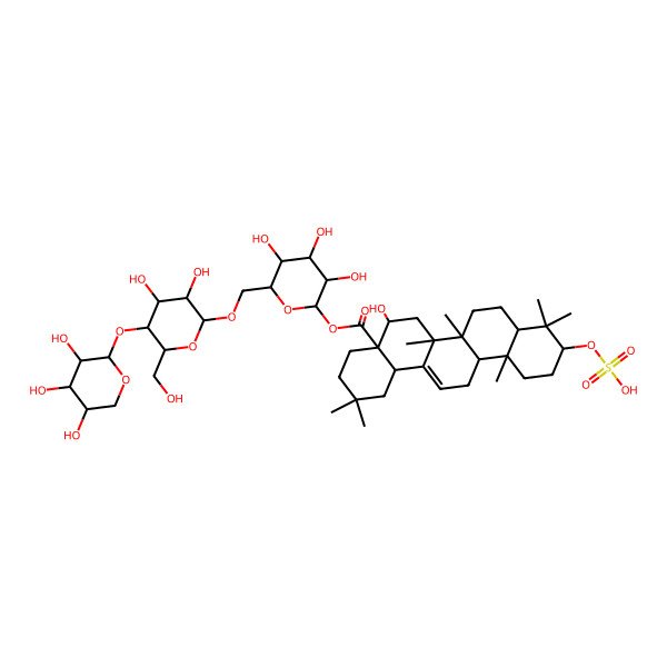 2D Structure of [(2S,3R,4S,5S,6R)-6-[[(2R,3R,4R,5S,6R)-3,4-dihydroxy-6-(hydroxymethyl)-5-[(2S,3R,4S,5S)-3,4,5-trihydroxyoxan-2-yl]oxyoxan-2-yl]oxymethyl]-3,4,5-trihydroxyoxan-2-yl] (4aR,5R,6aR,6aS,6bR,8aR,10S,12aR,14bS)-5-hydroxy-2,2,6a,6b,9,9,12a-heptamethyl-10-sulfooxy-1,3,4,5,6,6a,7,8,8a,10,11,12,13,14b-tetradecahydropicene-4a-carboxylate