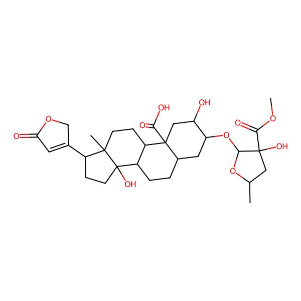 2D Structure of 2,14-dihydroxy-3-(3-hydroxy-3-methoxycarbonyl-5-methyloxolan-2-yl)oxy-13-methyl-17-(5-oxo-2H-furan-3-yl)-1,2,3,4,5,6,7,8,9,11,12,15,16,17-tetradecahydrocyclopenta[a]phenanthrene-10-carboxylic acid