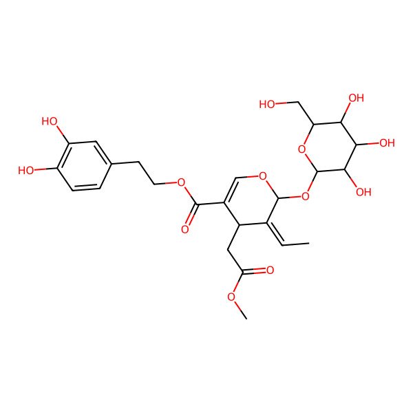 2D Structure of 2-(3,4-dihydroxyphenyl)ethyl (4S,5Z,6S)-5-ethylidene-4-(2-methoxy-2-oxoethyl)-6-[(2R,3S,4S,5S,6S)-3,4,5-trihydroxy-6-(hydroxymethyl)oxan-2-yl]oxy-4H-pyran-3-carboxylate