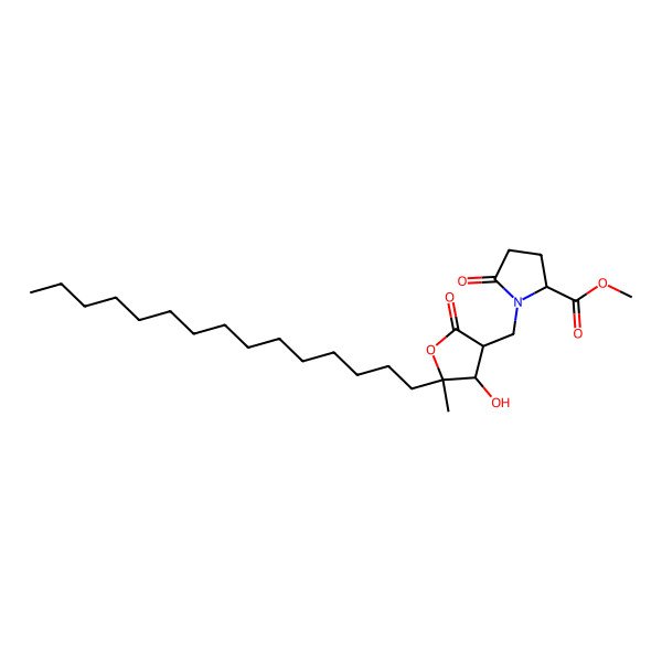2D Structure of methyl (2S)-1-[[(3R,4S,5R)-4-hydroxy-5-methyl-2-oxo-5-pentadecyloxolan-3-yl]methyl]-5-oxopyrrolidine-2-carboxylate