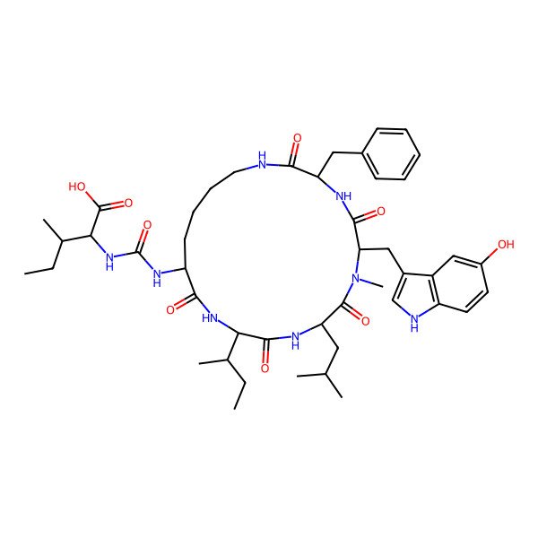 2D Structure of (2S,3R)-2-[[(3S,6S,9S,12R,15S)-3-benzyl-12-butan-2-yl-6-[(5-hydroxy-1H-indol-3-yl)methyl]-7-methyl-9-(2-methylpropyl)-2,5,8,11,14-pentaoxo-1,4,7,10,13-pentazacyclononadec-15-yl]carbamoylamino]-3-methylpentanoic acid