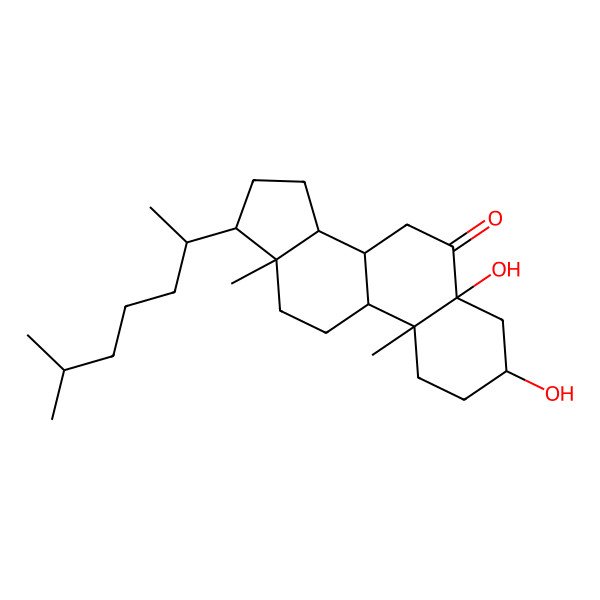 2D Structure of (5R,9S,10R,13R,14S,17R)-3,5-dihydroxy-10,13-dimethyl-17-[(2R)-6-methylheptan-2-yl]-2,3,4,7,8,9,11,12,14,15,16,17-dodecahydro-1H-cyclopenta[a]phenanthren-6-one