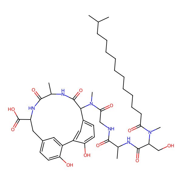 2D Structure of 3,18-Dihydroxy-14-[[2-[2-[[3-hydroxy-2-[methyl(12-methyltridecanoyl)amino]propanoyl]amino]propanoylamino]acetyl]-methylamino]-11-methyl-10,13-dioxo-9,12-diazatricyclo[13.3.1.12,6]icosa-1(18),2,4,6(20),15(19),16-hexaene-8-carboxylic acid