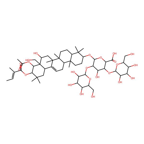 2D Structure of (2S,3S,4S,5R,6R)-6-[[(3S,4aR,6aR,6bS,8R,8aR,9R,10R,12aS,14aR,14bR)-9-acetyloxy-8-hydroxy-8a-(hydroxymethyl)-4,4,6a,6b,11,11,14b-heptamethyl-10-[(Z)-2-methylbut-2-enoyl]oxy-1,2,3,4a,5,6,7,8,9,10,12,12a,14,14a-tetradecahydropicen-3-yl]oxy]-4-hydroxy-3-[(2S,3R,4S,5S,6R)-3,4,5-trihydroxy-6-(hydroxymethyl)oxan-2-yl]oxy-5-[(2S,3R,4S,5R,6R)-3,4,5-trihydroxy-6-(hydroxymethyl)oxan-2-yl]oxyoxane-2-carboxylic acid