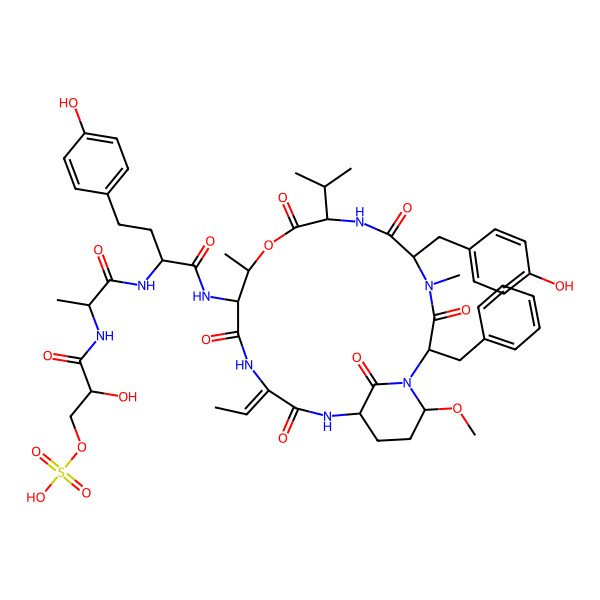 2D Structure of [3-[[1-[[1-[[2-Benzyl-15-ethylidene-5-[(4-hydroxyphenyl)methyl]-21-methoxy-4,11-dimethyl-3,6,9,13,16,22-hexaoxo-8-propan-2-yl-10-oxa-1,4,7,14,17-pentazabicyclo[16.3.1]docosan-12-yl]amino]-4-(4-hydroxyphenyl)-1-oxobutan-2-yl]amino]-1-oxopropan-2-yl]amino]-2-hydroxy-3-oxopropyl] hydrogen sulfate