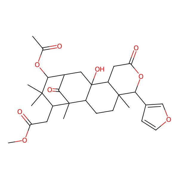 2D Structure of Methyl 2-[14-acetyloxy-6-(furan-3-yl)-11-hydroxy-1,5,15,15-tetramethyl-8,17-dioxo-7-oxatetracyclo[11.3.1.02,11.05,10]heptadecan-16-yl]acetate
