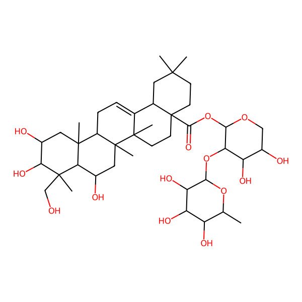 2D Structure of [(2S,3R,4S,5S)-4,5-dihydroxy-3-[(2R,3R,4R,5R,6S)-3,4,5-trihydroxy-6-methyloxan-2-yl]oxyoxan-2-yl] (4aS,6aR,6aS,6bR,8R,8aR,9R,10R,11S,12aR,14bS)-8,10,11-trihydroxy-9-(hydroxymethyl)-2,2,6a,6b,9,12a-hexamethyl-1,3,4,5,6,6a,7,8,8a,10,11,12,13,14b-tetradecahydropicene-4a-carboxylate