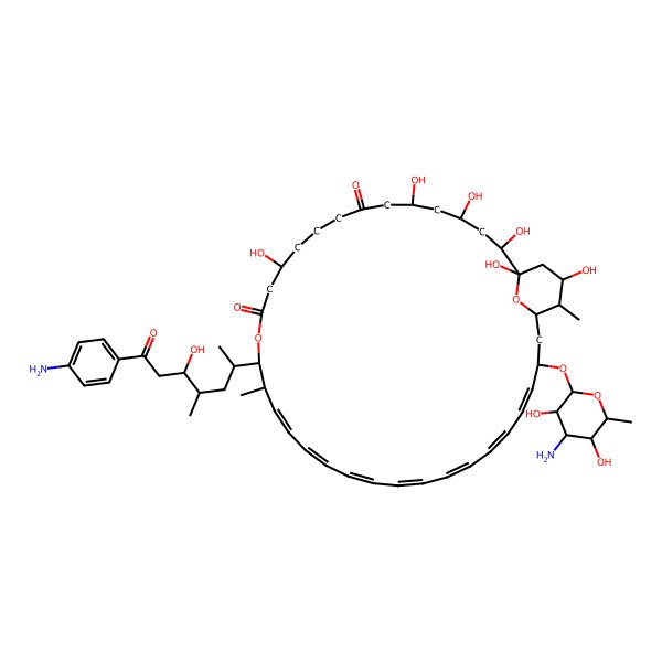 2D Structure of (18E,20E,22E,24E,26E,28E,30E)-32-[(3S,4S,5S,6R)-4-amino-3,5-dihydroxy-6-methyloxan-2-yl]oxy-16-[7-(4-aminophenyl)-5-hydroxy-4-methyl-7-oxoheptan-2-yl]-1,2,4,6,12,36-hexahydroxy-17,35-dimethyl-15,38-dioxabicyclo[32.3.1]octatriaconta-18,20,22,24,26,28,30-heptaene-8,14-dione