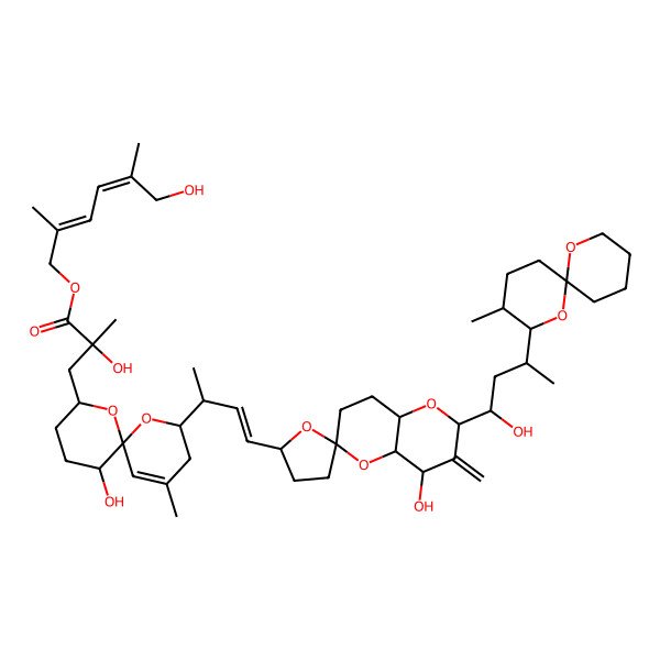 2D Structure of [(2Z,4Z)-6-hydroxy-2,5-dimethylhexa-2,4-dienyl] (2R)-3-[(2S,6R,8S,11R)-2-[(E,2R)-4-[(2S,2'R,4R,4aS,6R,8aR)-4-hydroxy-2-[(1S,3S)-1-hydroxy-3-[(2R,3R,6S)-3-methyl-1,7-dioxaspiro[5.5]undecan-2-yl]butyl]-3-methylidenespiro[4a,7,8,8a-tetrahydro-4H-pyrano[3,2-b]pyran-6,5'-oxolane]-2'-yl]but-3-en-2-yl]-11-hydroxy-4-methyl-1,7-dioxaspiro[5.5]undec-4-en-8-yl]-2-hydroxy-2-methylpropanoate