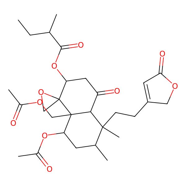 2D Structure of [(1R,2R,4aR,5S,6R,8S,8aR)-8-acetyloxy-8a-(acetyloxymethyl)-5,6-dimethyl-4-oxo-5-[2-(5-oxo-2H-furan-3-yl)ethyl]spiro[2,3,4a,6,7,8-hexahydronaphthalene-1,2'-oxirane]-2-yl] (2R)-2-methylbutanoate