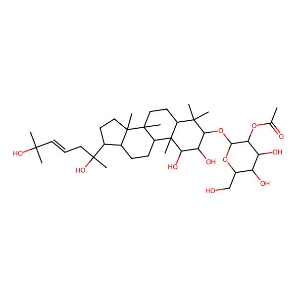 2D Structure of [(2R,3R,4S,5S,6R)-2-[[(1S,2R,3R,5S,8R,9S,10R,13R,14R,17S)-17-[(E,2R)-2,6-dihydroxy-6-methylhept-4-en-2-yl]-1,2-dihydroxy-4,4,8,10,14-pentamethyl-2,3,5,6,7,9,11,12,13,15,16,17-dodecahydro-1H-cyclopenta[a]phenanthren-3-yl]oxy]-4,5-dihydroxy-6-(hydroxymethyl)oxan-3-yl] acetate