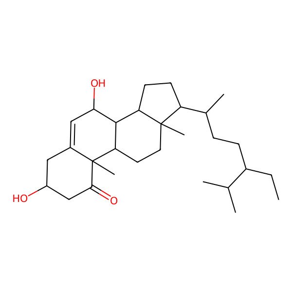 2D Structure of (3R,7S,8R,9S,10R,13R,14R,17R)-17-[(2R,5R)-5-ethyl-6-methylheptan-2-yl]-3,7-dihydroxy-10,13-dimethyl-2,3,4,7,8,9,11,12,14,15,16,17-dodecahydrocyclopenta[a]phenanthren-1-one