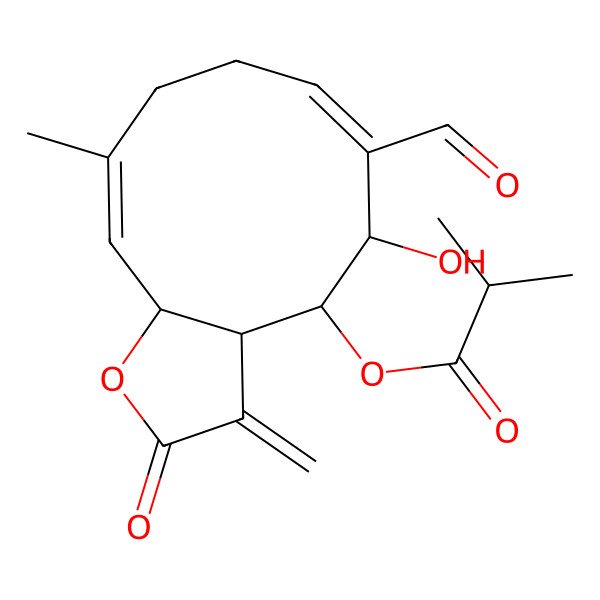 2D Structure of [(3aR,4S,5S,6E,10E,11aR)-6-formyl-5-hydroxy-10-methyl-3-methylidene-2-oxo-3a,4,5,8,9,11a-hexahydrocyclodeca[b]furan-4-yl] 2-methylpropanoate