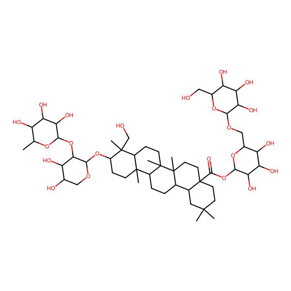 2D Structure of [(2S,3R,4S,5S,6R)-3,4,5-trihydroxy-6-[[(2R,3R,4R,5S,6R)-3,4,5-trihydroxy-6-(hydroxymethyl)oxan-2-yl]oxymethyl]oxan-2-yl] (4aS,6aR,6aR,6bR,8aR,9R,10S,12aR,14aR,14bS)-10-[(2S,3R,4S,5S)-4,5-dihydroxy-3-[(2S,3R,4S,5R,6S)-3,4,5-trihydroxy-6-methyloxan-2-yl]oxyoxan-2-yl]oxy-9-(hydroxymethyl)-2,2,6a,6b,9,12a-hexamethyl-1,3,4,5,6,6a,7,8,8a,10,11,12,13,14,14a,14b-hexadecahydropicene-4a-carboxylate