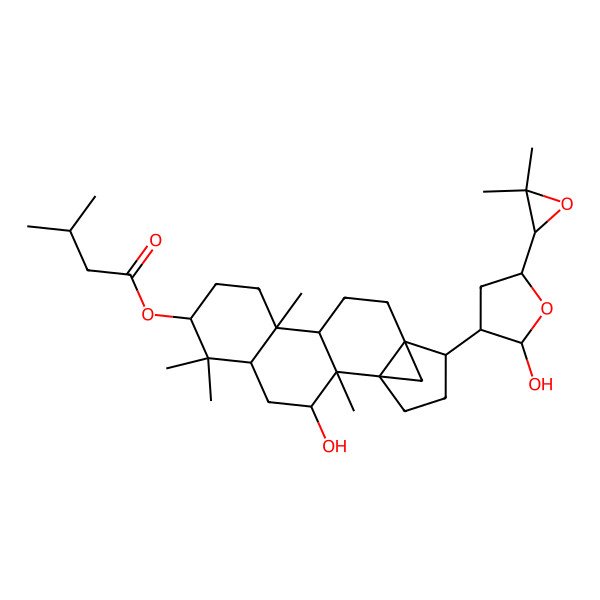 2D Structure of [(1S,2R,3R,5R,7R,10S,11R,14R,15S)-15-[(3S,5R)-5-[(2S)-3,3-dimethyloxiran-2-yl]-2-hydroxyoxolan-3-yl]-3-hydroxy-2,6,6,10-tetramethyl-7-pentacyclo[12.3.1.01,14.02,11.05,10]octadecanyl] 3-methylbutanoate