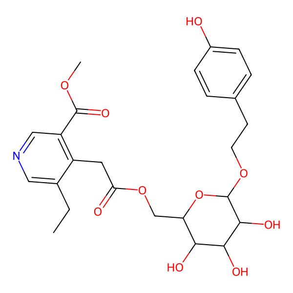 2D Structure of Methyl 5-ethyl-4-[2-oxo-2-[[3,4,5-trihydroxy-6-[2-(4-hydroxyphenyl)ethoxy]oxan-2-yl]methoxy]ethyl]pyridine-3-carboxylate