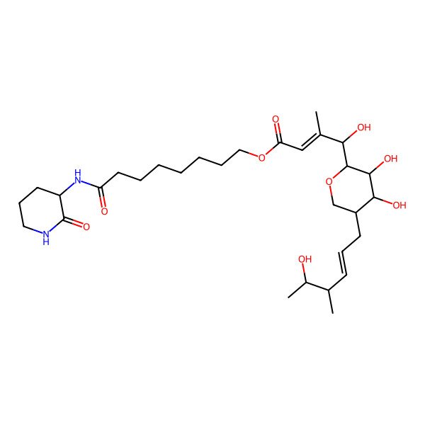 2D Structure of [8-oxo-8-[(2-oxo-3-piperidyl)amino]octyl] (E)-4-[(2S,3R,4R,5S)-3,4-dihydroxy-5-[(E,4R,5S)-5-hydroxy-4-methyl-hex-2-enyl]tetrahydropyran-2-yl]-4-hydroxy-3-methyl-but-2-enoate