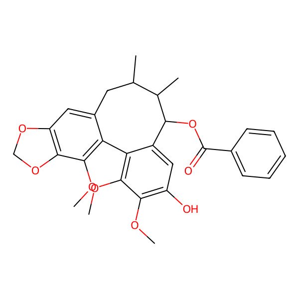 2D Structure of (5-Hydroxy-3,4,19-trimethoxy-9,10-dimethyl-15,17-dioxatetracyclo[10.7.0.02,7.014,18]nonadeca-1(19),2,4,6,12,14(18)-hexaen-8-yl) benzoate