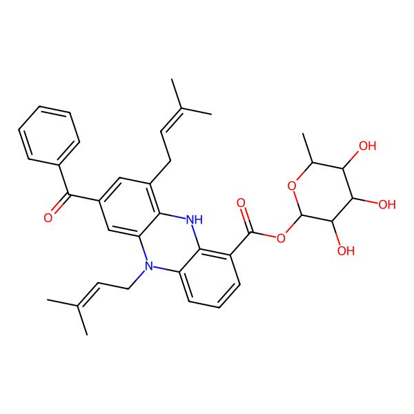 2D Structure of [(2S,3S,4R,5R,6R)-3,4,5-trihydroxy-6-methyloxan-2-yl] 7-benzoyl-5,9-bis(3-methylbut-2-enyl)-10H-phenazine-1-carboxylate