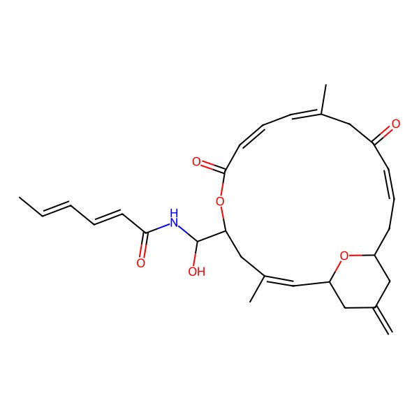 2D Structure of (2Z,4E)-N-[(S)-[(1S,2Z,5S,8Z,10Z,14Z,17S)-3,11-dimethyl-19-methylidene-7,13-dioxo-6,21-dioxabicyclo[15.3.1]henicosa-2,8,10,14-tetraen-5-yl]-hydroxymethyl]hexa-2,4-dienamide