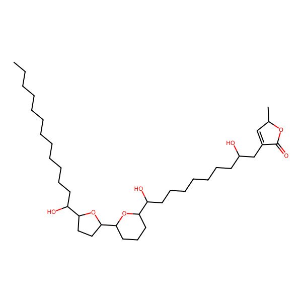 2D Structure of 3-(2,10-Dihydroxy-10-{6-[5-(1-hydroxytridecyl)oxolan-2-yl]oxan-2-yl}decyl)-5-methyl-2,5-dihydrofuran-2-one